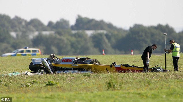 One of the dragsters' tires blew and caused the crash, throwing it upside down and leaving Richard with serious head injuries (Richard's 2006 crash scene pictured)