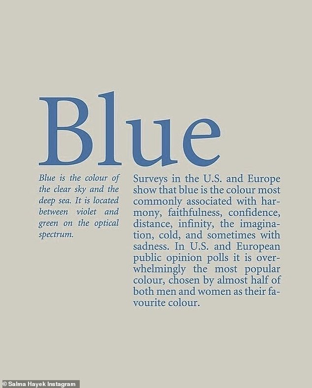 'Blue is the color of the clear sky and the deep sea.  It is between violet and green on the optical spectrum,” the image said