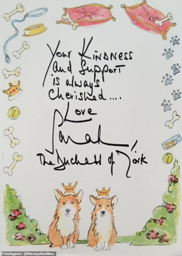 The Duchess of York replied to a message of support with an adorable illustrated card featuring corgis wearing crowns, dog collars and beds, as well as bones and tennis balls