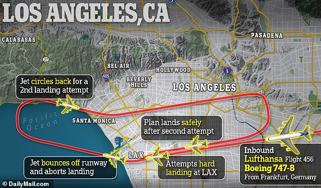 Lufthansa Flight 456, originating from Frankfurt, Germany, had to circle the airport before attempting to land again - this time successfully