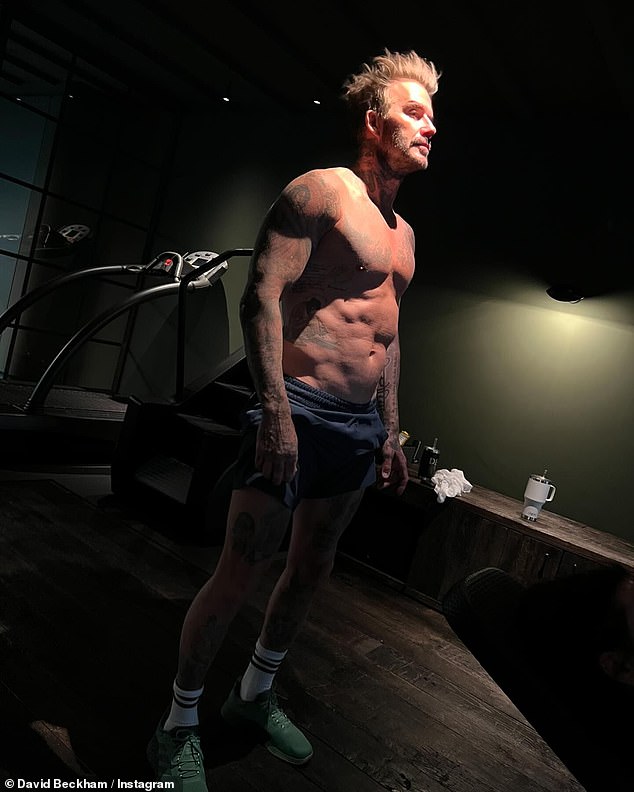 David Beckham, 49, showed off his toned physique as he posed shirtless for a sexy Instagram photo at the gym on Sunday