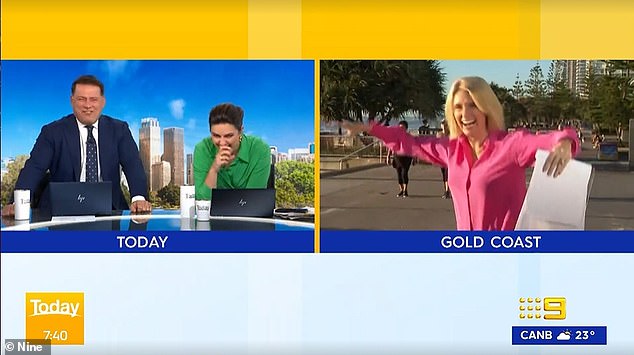 The Today breakfast show welcomed shocked viewers on Wednesday when they mocked a woman walking past one of their reporters on the Gold Coast.  Pictured (from left to right): Karl Stefanovic, Sarah Abo and Mia Glover