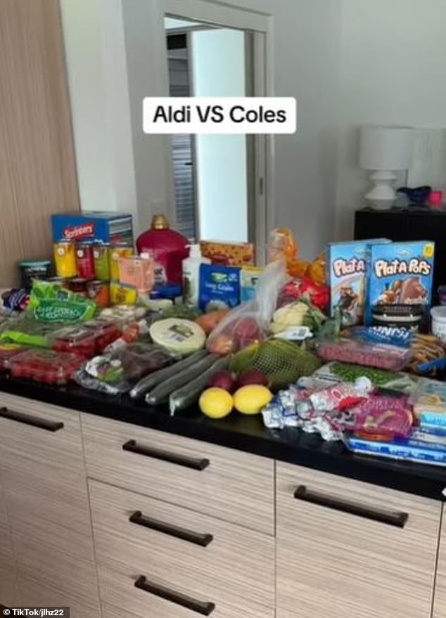 Mum Lidia always shops at Aldi first to buy the bulk of her shopping list before visiting Coles to buy a few extra products.  On her latest trip, her massive Aldi collection of more than 35 items cost $255 (pictured), while the handful of additional items bought at Coles cost her $78.