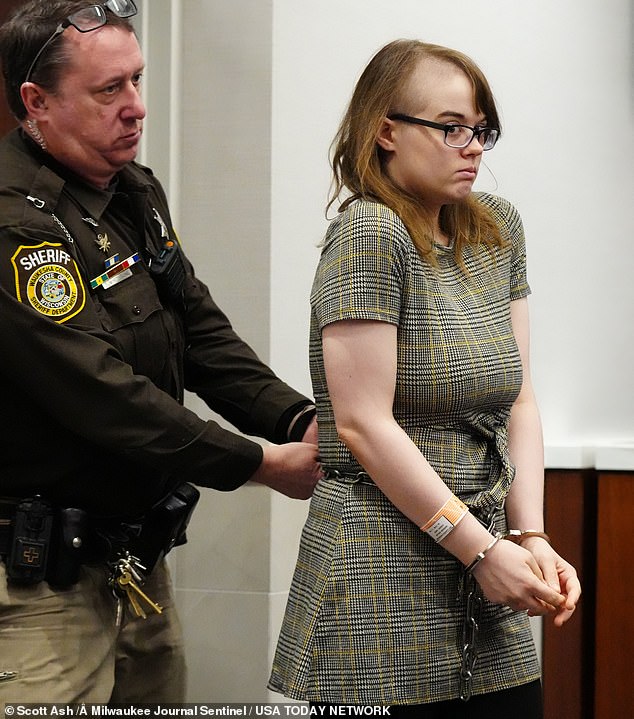 Morgan Geyser is pictured in a Milwaukee courtroom Thursday, where two experts warned she was too dangerous to release.  A judge agreed and she remains in custody