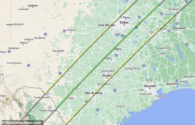 The yellow lines represent the path where people can view the solar eclipse on April 8, while the green line shows the locations directly under the path of totality - or places where darkness may occur.