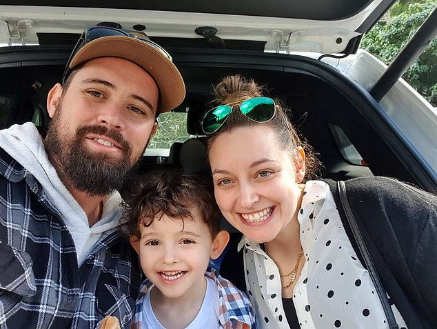 A former gym owner with a mortgage who bought cryptocurrency when Bitcoin was worth less than $1,000 says investors in decentralized finance should have 'guts' and expect big price drops (David Haslop is pictured with his wife Kelly and their son Austin, 6)