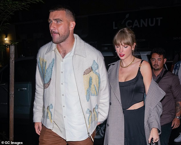 Taylor Swift, 34, and boyfriend Travis Kelce, 34, were spotted at Coachella on Saturday, where they saw her boyfriend Jack Antonoff's band, Bleachers, perform at the festival;  seen in 2023