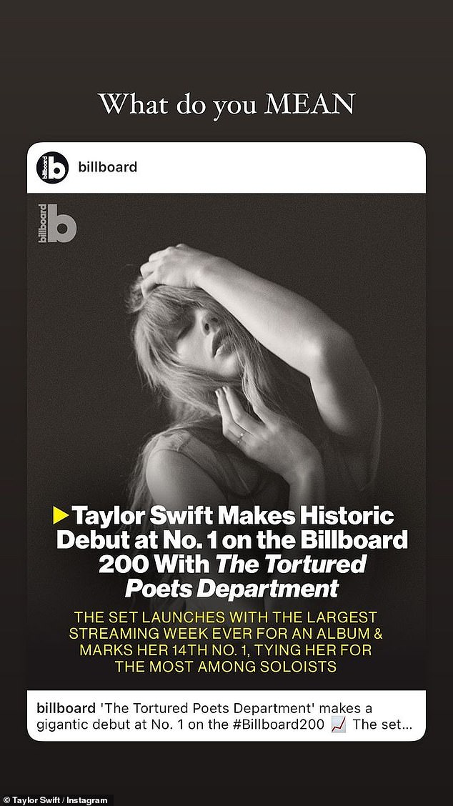 Taylor Swift celebrated the success of her new record, The Tortured Poets Department, by sharing posts to her Instagram account and Story on Sunday