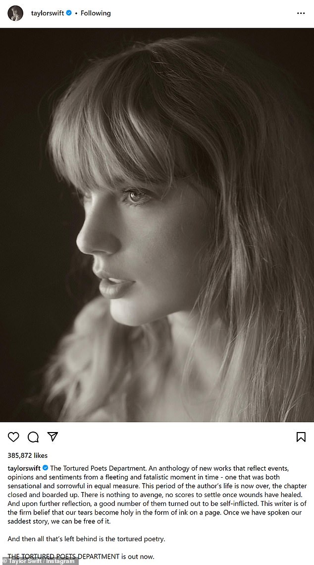 After Taylor Swift dropped her eleventh studio album on Thursday night, she posted a statement on Instagram about how The Tortured Poets Department signals a personal page turn