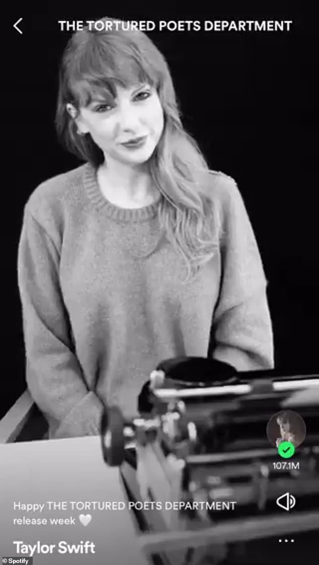 “Hey Spotify, have a great release week for The Tortured Poets Department album,” the artist said in the black and white teaser.  She wore a sweater and sat in front of a typewriter for the clip