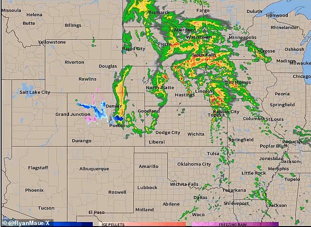 The storms - seen here - will remain strong as they barrel through the Midwest, bringing the potential for golf ball-sized hail and winds of 80 miles per hour.