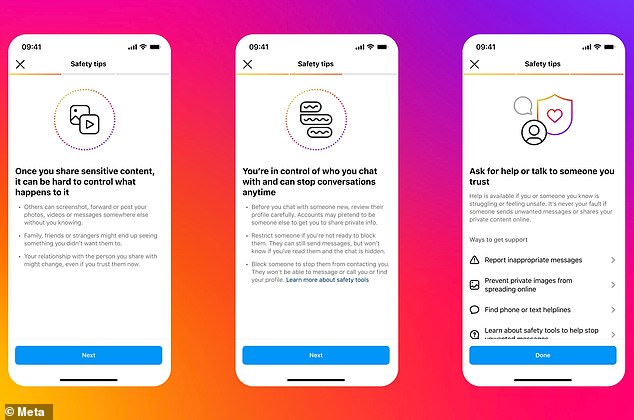 'Ask for help': Instagram presents a series of safety tips for users who receive or send a nude photo.  The sender could potentially be a victim of a sextortion scam