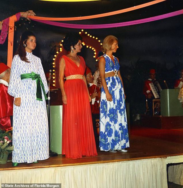 Diana Auchincloss (left), stepmother of actress and model Brooke Shields, pictured during a fashion show at a benefit for St. Mary's Hospital at the Everglades Club