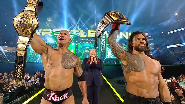 The Rock and Roman Reigns were on their feet to close out the first night of WrestleMania 40