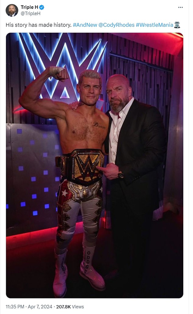 Triple H poses with Cody Rhodes after WrestleMania 40 in Philadelphia