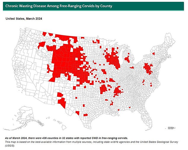 The following CDC map shows the counties in which CWD has been detected.  This includes 436 counties in 32 states