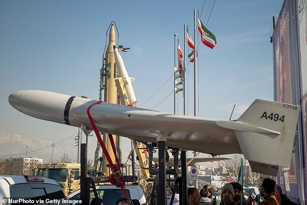 An Iranian-made unmanned aerial vehicle (UAV), the Shahed-136, on display at Azadi (Freedom) Square in western Tehran, Iran, on February 11, 2024