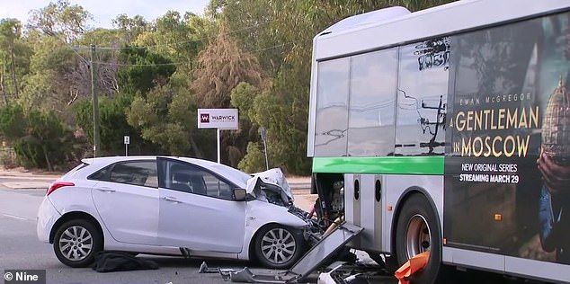 Emergency services were called after a white Hyundai i30 hatchback collided with a Transperth bus on Warwick Rd in Warwick at around 8am on Monday.