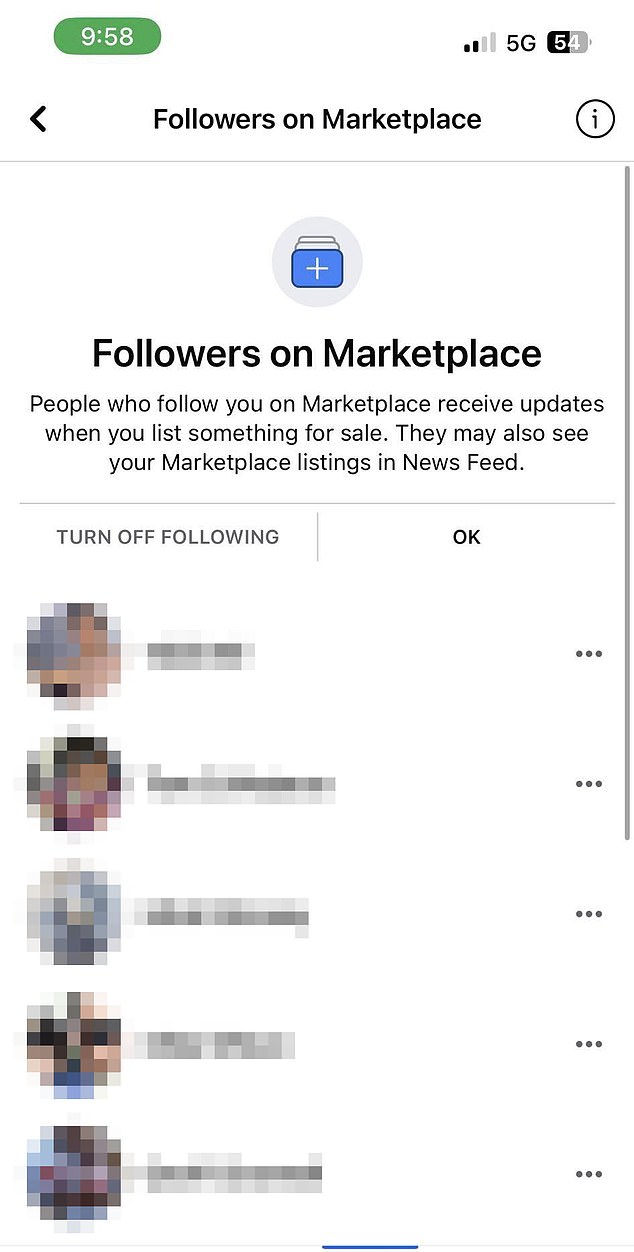 A woman found a list of men following her listings on the Marketplace.  They are notified every time she posts something for sale