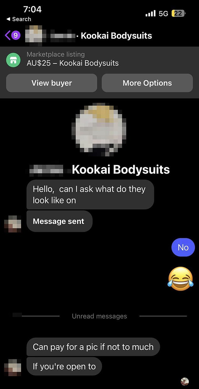 A young woman felt very confused after receiving messages from men on the Facebook marketplace where she was trying to sell bodysuits