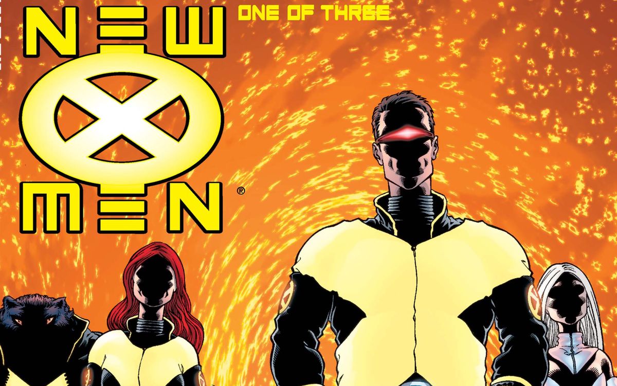 Ltr: Beast, Jean Grey, Cyclops and Emma Frost on the cover of New X-Men #114, Marvel Comics (2001).