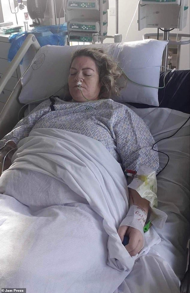 Pictured: Leanne O'Driscoll as she lies in hospital with sepsis