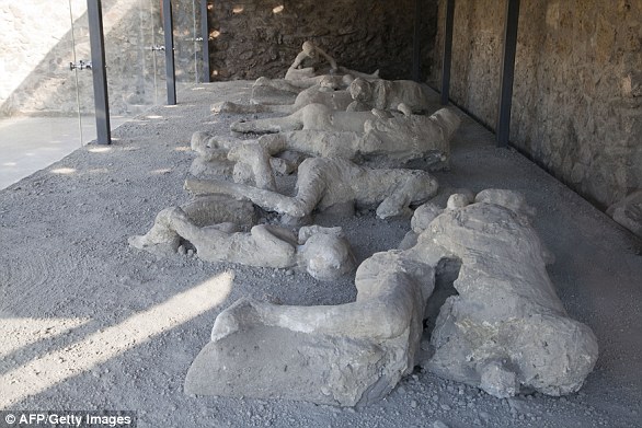 The Orto dei fuggiaschi (The Garden of the Refugees) shows the bodies of 13 victims who were buried under the ash as they tried to flee Pompeii during the eruption of Mount Vesuvius in 79 AD.