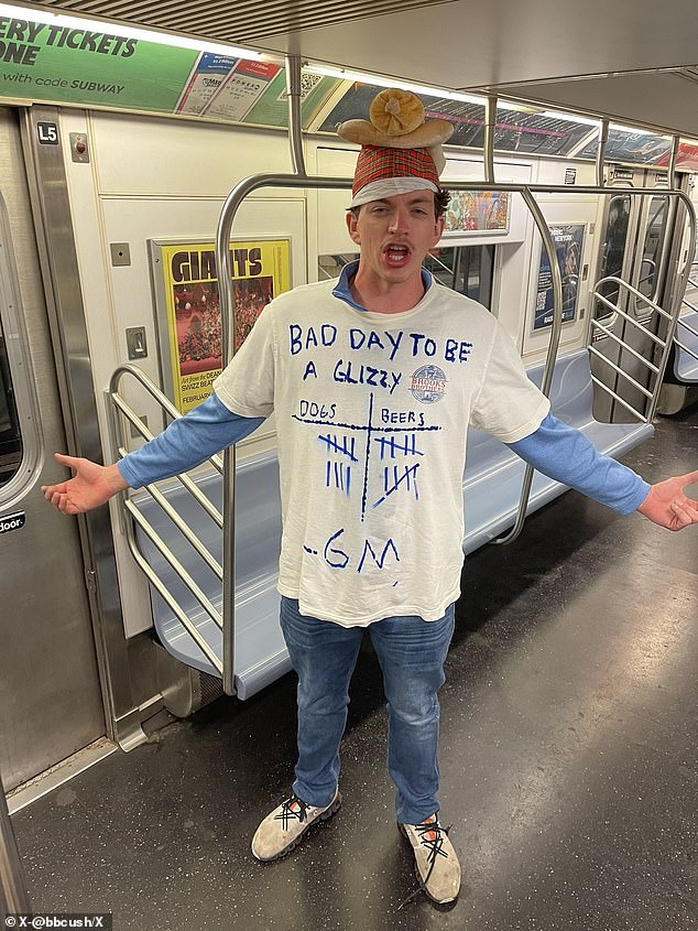 The fan was later seen on the subway wearing his shirt that tracked his hot dog consumption