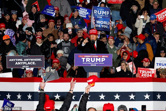 Trump at a rally in Schnecksville, PA on April 13.  His visit to Michigan on Wednesday will be his first campaign rally since his hush money trial began