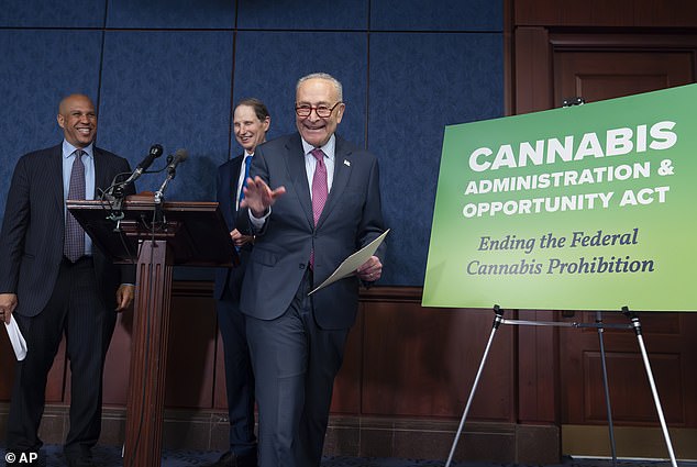 Senate Majority Leader Chuck Schumer, D-N.Y., (center) Sen. Cory Booker, D-N.J., (left) and Sen. Ron Wyden, D-Ore., meet with reporters to discuss the Cannabis Administration and Opportunity Act, a attempt to decriminalize cannabis and remove it from the schedule Wednesday under the Controlled Substances Act