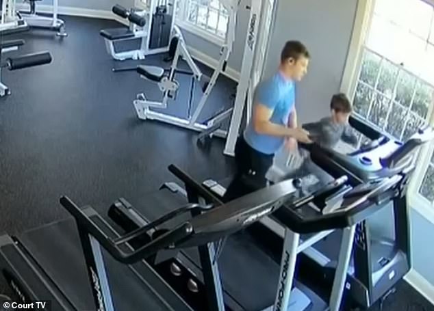 The CCTV video shows Corey continually falling off the treadmill as Gregor keeps picking him up and putting him back on.