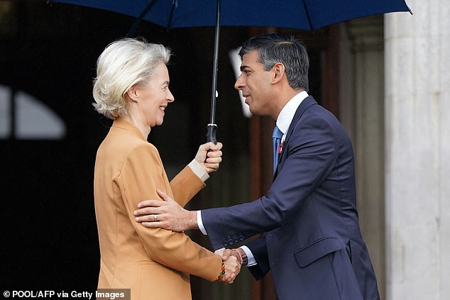 Rishi Sunak (right) was due to raise the EES plans during a phone call with Emmanuel Macron last month, but the two leaders ultimately moved on to other topics.  But he did speak to Ursula von der Leyen (left), the president of the European Commission who hopes to be reappointed next month, about the new checks