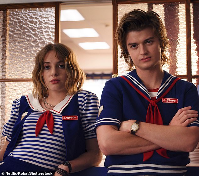 The show's main cast is joined by Joe Keery (Steve Harrington) and Maya Hawke (Robin Buckley) – both pictured