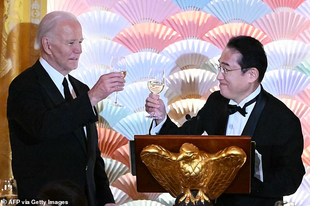 Last month, the White House hosted Japanese Prime Minister Fumio Kishida (right) for an official state dinner.  White House Press Secretary Karine Jean-Pierre would not say whether President Joe Biden (left) would apologize for the contempt for the Japanese