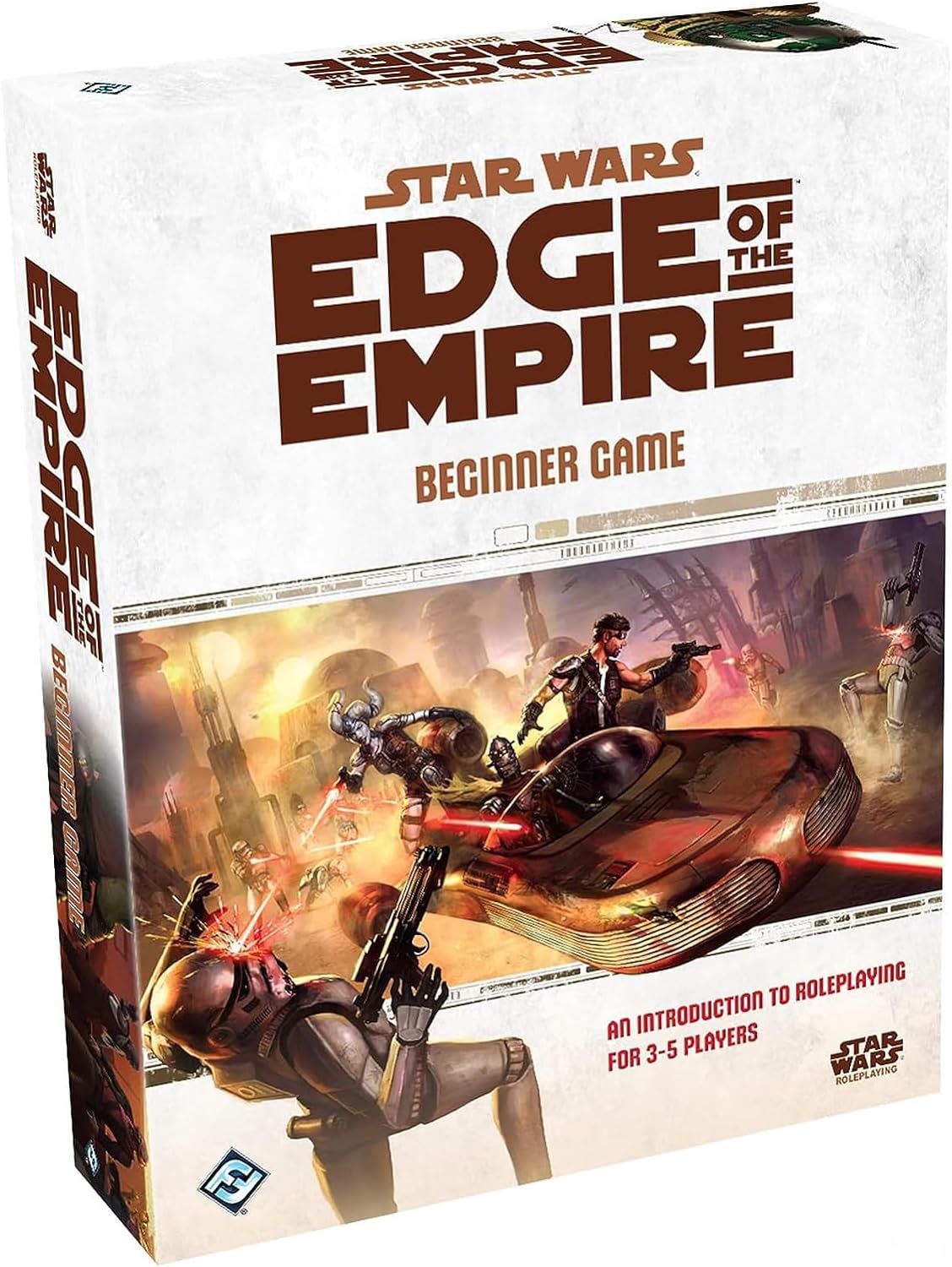 The cover of Edge of the Empire shows a number of villains taking out stormtroopers along the way in a speeder.