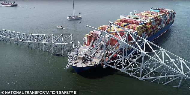 The 50 meter wide ship is stranded under the bridge.  The plane arrived in Baltimore from Norfolk on Monday after earlier trips to New York City and Panama