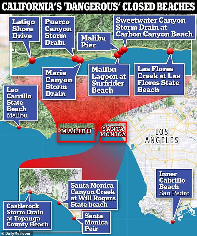 Image: Map of all 12 beaches in LA County for which a swimming advisory has been issued