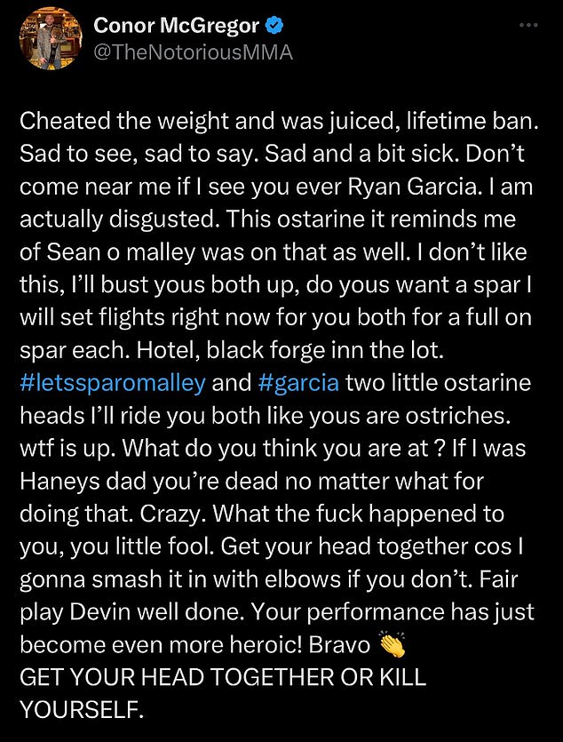 McGregor sent Garcia the message on social media, but the message has since been deleted