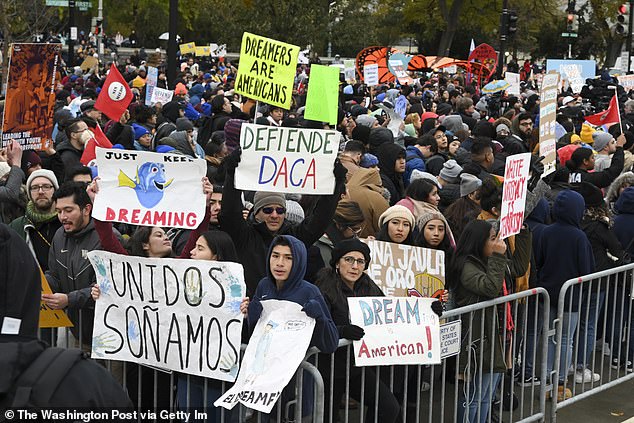 Protesters in support of Deferred Action for Childhood Arrivals protest outside the Supreme Court in November