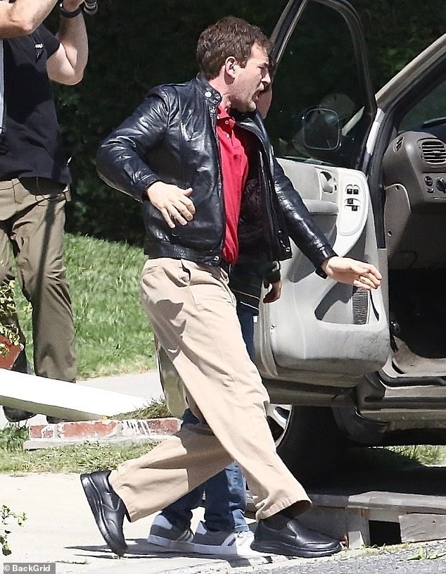 47-year-old Mark Duplass of The Morning Show wore the dad uniform of khaki, a red polo shirt and a black leather jacket