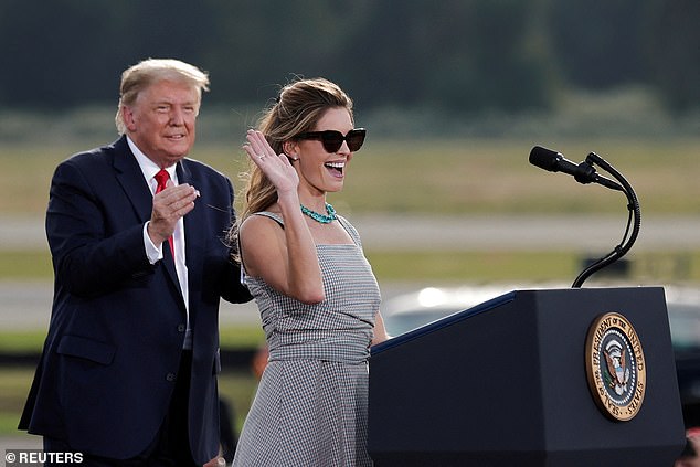 White House adviser Hope Hicks waves to US President Donald Trump during a campaign rally at Ocala International Airport in Ocala, Florida, US, October 16, 2020