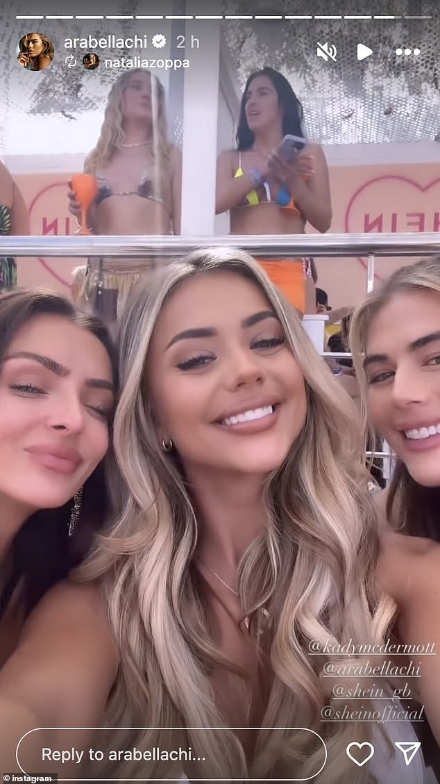 Arabella documented her sun-soaked getaway on the famous party island and got lost in her stories - as she looked to be having the time of her life with her friends (pictured with Kady McDermott and Natalia Zoppa)