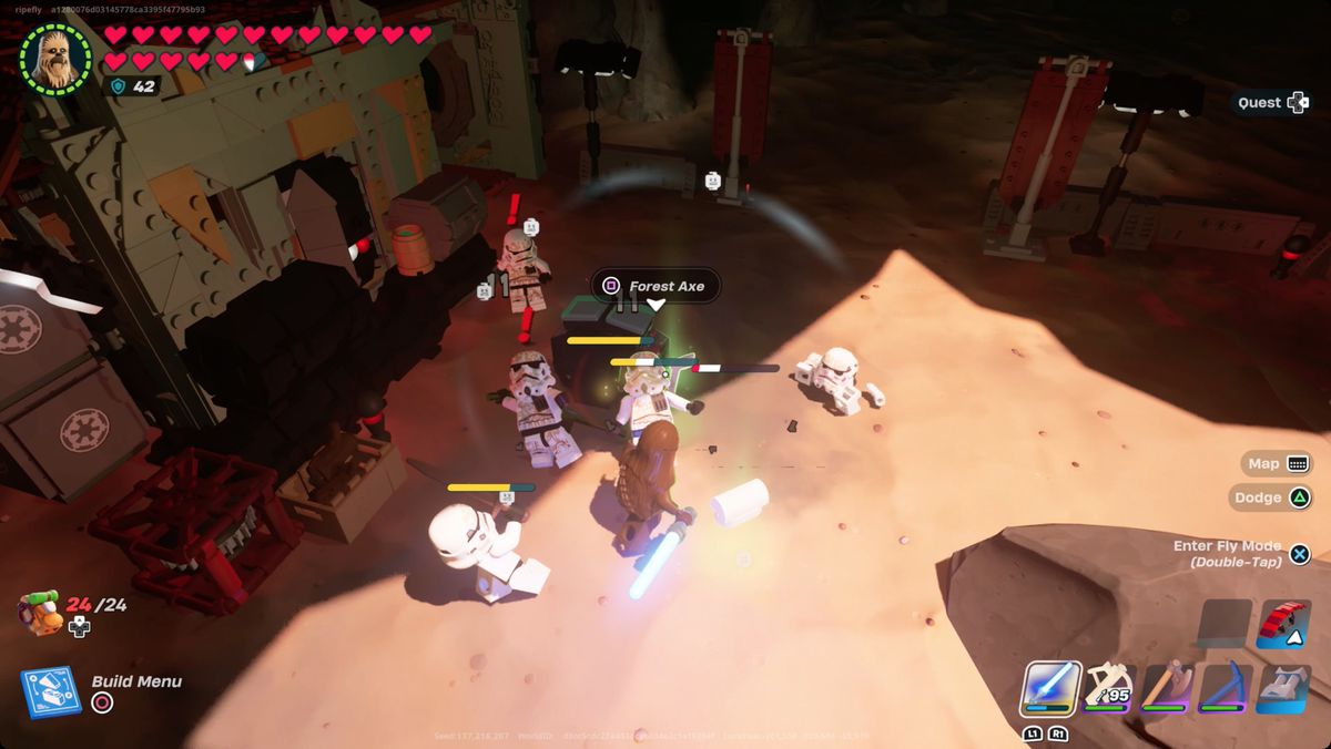 Lego Fortnite player fending off a wave of Star Wars stormtroopers