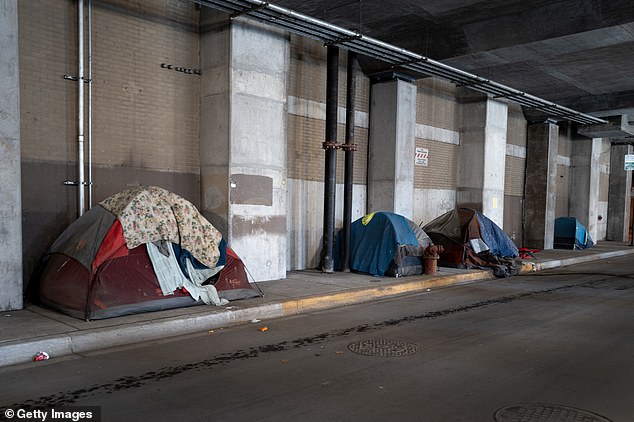 Tents used by homeless people line an underground sidewalk downtown on April 22, 2024 in Chicago, Illinois