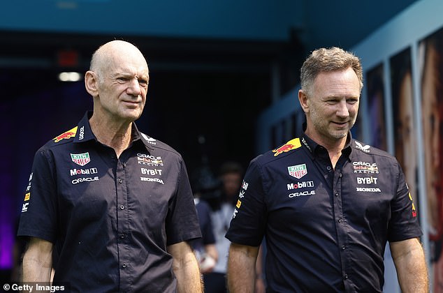 Newey flew to Miami to join team boss Christian Horner (right) after confirming his impending departure from Red Bull