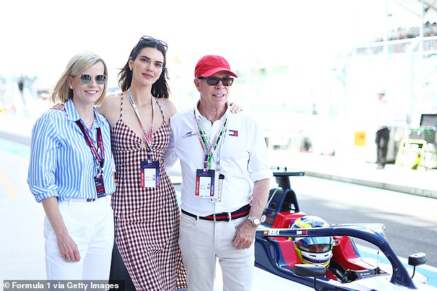 The model was spotted with Tommy Hilfiger and Susie Wolff, Managing Director of the F1 Academy