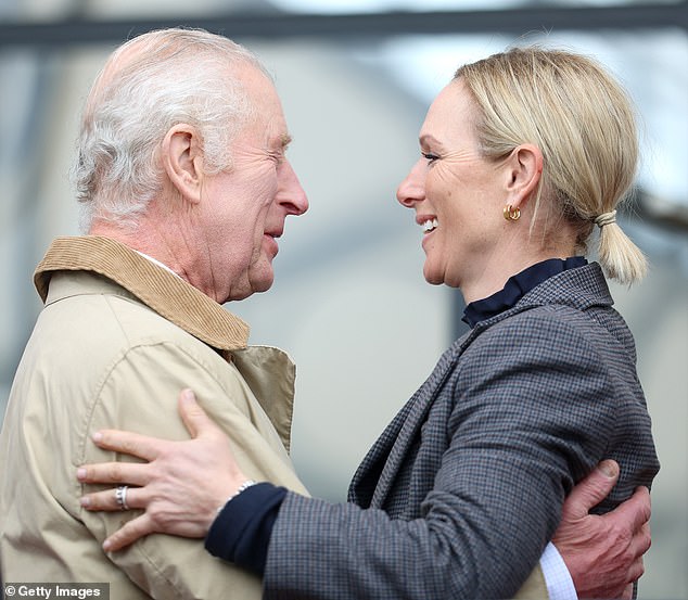 Charles and Zara Tindall embrace as they greet each other during the Endurance event on day three of the Royal Windsor Horse Show today