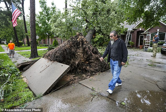 Family members survey the damage after a tree fell on Monica Ramirez's home during a heavy storm