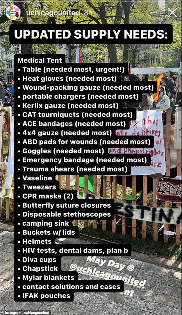 Student protesters at the University of Chicago posted on Instagram a list of supplies they need to continue their pro-Palestinian camps