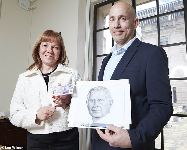 Noted: Engraver Stephen Matthews, top, works with Marc Delorie on the design and above with Debbie Marriott, the Bank's principal banknote designer